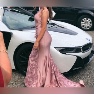 Light mauve pink prom/formal dress, flower detailing, long train with bustle